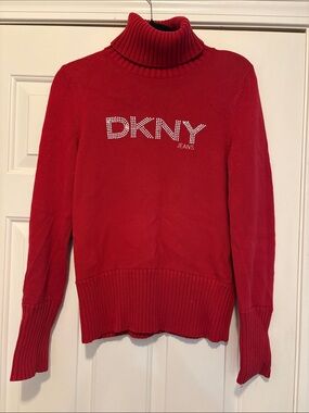 DKNY Red Turtleneck Sweater with Studded Logo